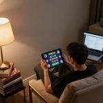 Engaged player enjoying 789club gaming experience on tablet in a cozy home setting.