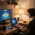 Playing 888NEW online casino games on a cozy home setup, highlighting responsible gaming.