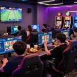 Exciting gaming scene at AQ777 platform showing players enjoying various online casino games and sports betting.