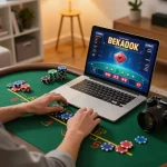 Jogador estrategizando na jogada de blackjack na 337bet, exibindo fichas e configuração de jogo.