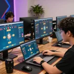 Tài Xỉu player analyzing strategies on multiple screens in a modern gaming setup