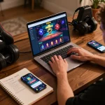 Engaging with 33nn online casino gaming on a sleek laptop while managing strategy notes