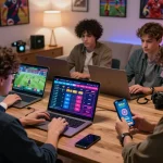 Users engaging with 8kbet online betting platform in a lively home setting.