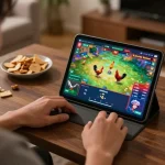 Engaging in đá gà thomo live match on tablet, showcasing vibrant action and online betting.