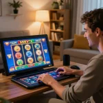 Player enjoying engaging 688v slot games on a tablet in a cozy home setting.