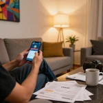 Sessão de jogos envolvente no aplicativo 12bet Brasil em um ambiente aconchegante em casa