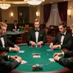 va88 high-stakes poker game scene with players and dealer in luxurious atmosphere