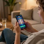 Engaging with the 81ff app for mobile gambling excitement on a cozy couch