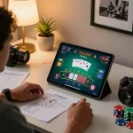 Sunwin blackjack gameplay on a tablet showcasing strategic bets in a cozy home office.