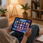 Engaging online casino game with 27G on tablet, cozy home atmosphere