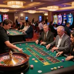 Dynamic roulette gameplay at a lively casino highlighting Go8 players engaged with vibrant atmosphere.