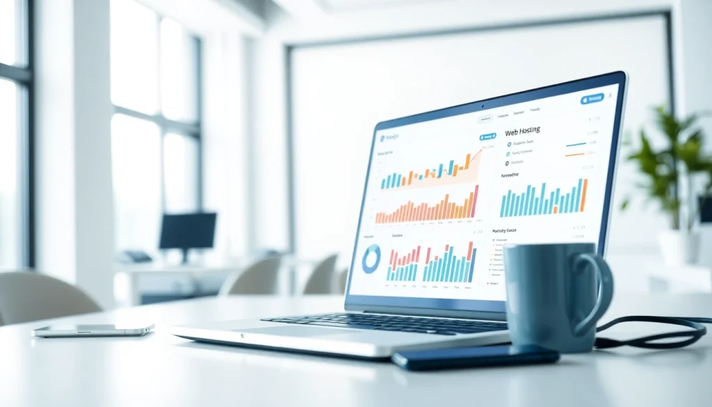 Showcase of adult web hosting features on a sleek laptop in a modern workspace.