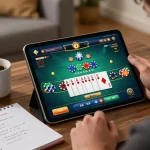 TG88 player enjoying online baccarat with tablet in a cozy living room.