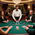 Jogadores estrategizando na mesa de blackjack do HH55 em um ambiente de cassino de alto padrão.