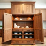 Explore a beautifully crafted custom cabinet with open doors revealing organized interiors in an elegant kitchen.
