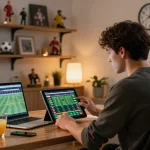 Soi kèo sports betting session with user analyzing odds on tablet at home office