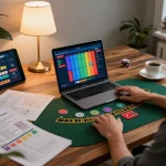 Jogador AAVIP desfrutando de um jogo de blackjack com dealer ao vivo no laptop, mostrando um jogo estratégico em casa