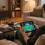 Engaged in online gaming at trang chủ lc88, an individual uses a tablet for a vibrant poker game.