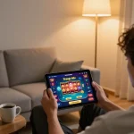 Experience online gaming on Trang chá»§ KP88 with a cozy setup featuring a tablet and snacks.