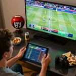 Placing bets on kp88 from home during a live sports event, showcasing engagement and excitement.