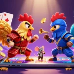 Engage with alo8 in an exciting 3D scene featuring cartoon roosters, slot games, and dynamic casino elements.