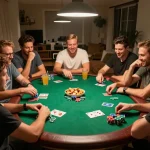 Socolive poker night excitement with friends at home, cards and chips creating a lively atmosphere.