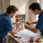 Encanador team adjusting pipes and inspecting plumbing layout at a residential site.