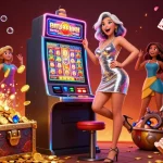 Experience the thrill of winning big at ev99 as a stunning woman celebrates beside a jackpot slot machine.