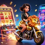 Experimente a emoção do w6bet com uma ilustração dinâmica de uma mulher glamourosa montando uma mascote de leão dourado.