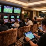 Engaged sports bettors enjoying a premium experience at ONE88's elegant lounge, placing strategic bets.