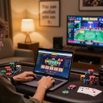 Engaged user playing 99ok online casino with warm lighting and gaming items.