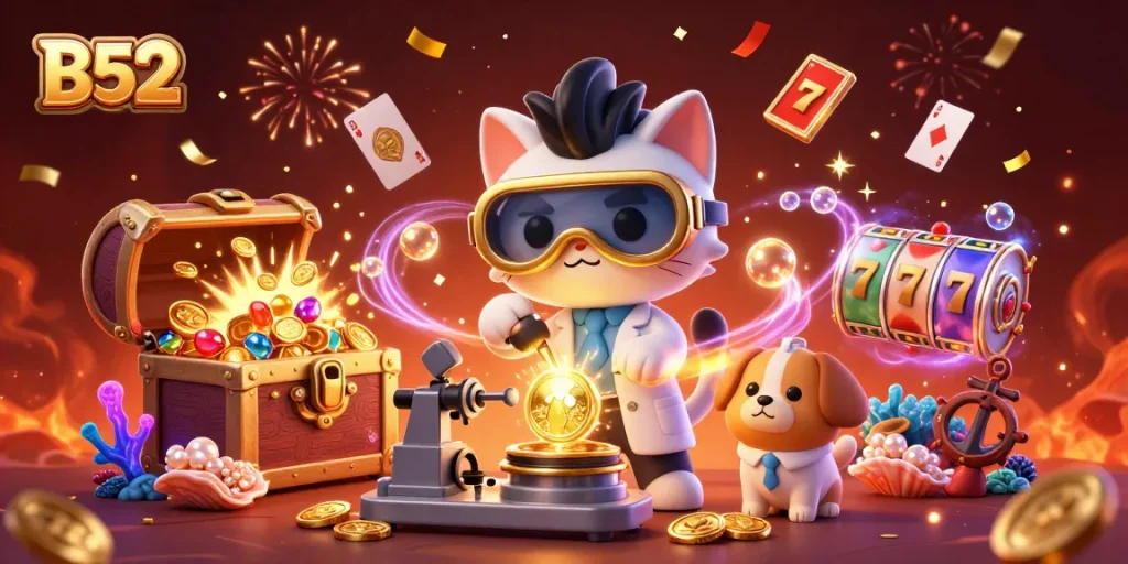 B52 casino game scene featuring mad scientist cat and dog creating gold coins amidst slot reels and vibrant treasures.