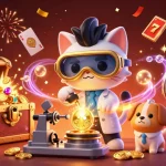 B52 casino game scene featuring mad scientist cat and dog creating gold coins amidst slot reels and vibrant treasures.