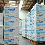 Showcase Angel Soft Toilet Paper Pallets stacked neatly in a bright warehouse.