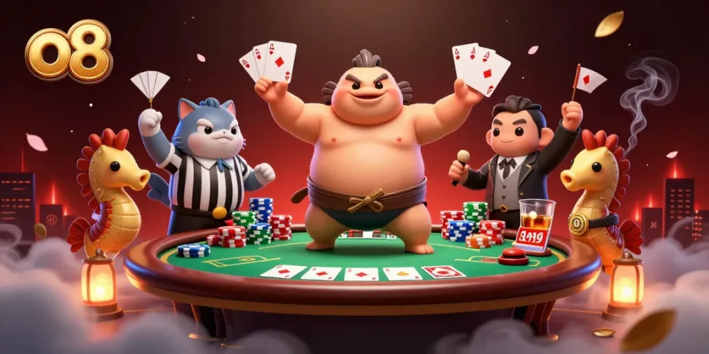 Engage with high-stakes poker action at o8, featuring a lively underwater casino scene.