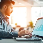 フォロワー購入をサポートするデジタルマーケティングの専門家が仕事をしているシーン。