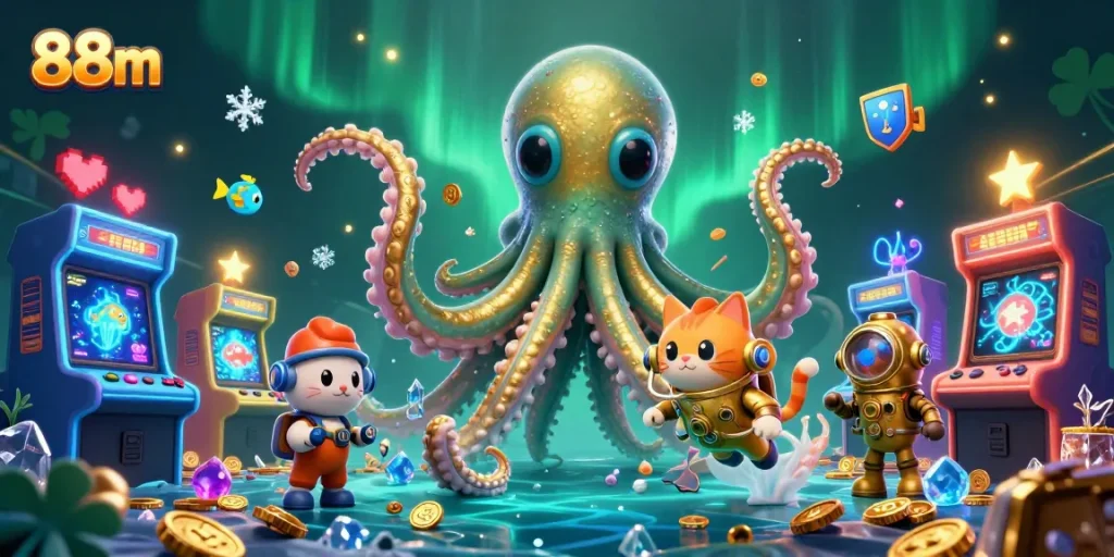 Engage with thrilling 88m gameplay featuring a colossal kraken and vibrant game elements.