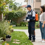 Dedicated Dedetizadora technician applying eco-friendly pest control solutions in urban backyard, ensuring effective pest management.