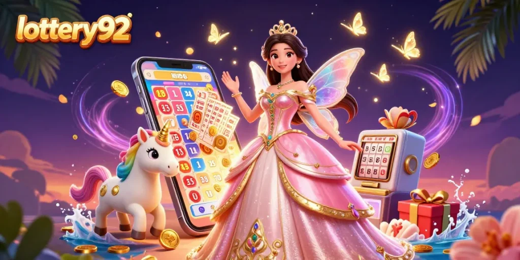 Win big with lottery92 in a vibrant, magical illustration highlighting colorful lottery elements.