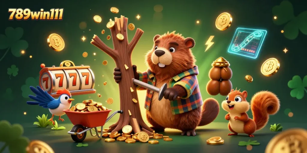 Win big with 789win111 in this vibrant casino scene featuring a beaver and friends collecting golden coins.