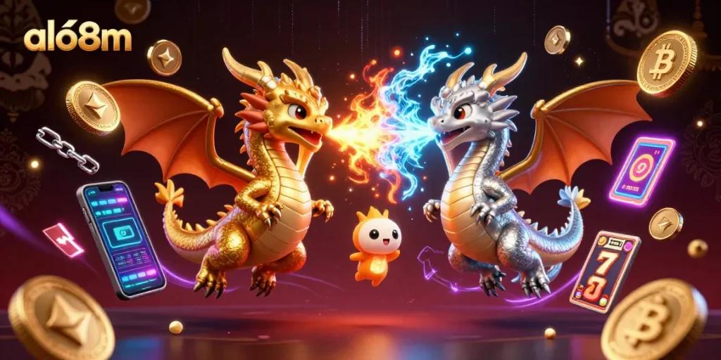 Engage in thrilling slot gaming with alo8m, featuring dynamic dragons and vivid crypto illustrations.