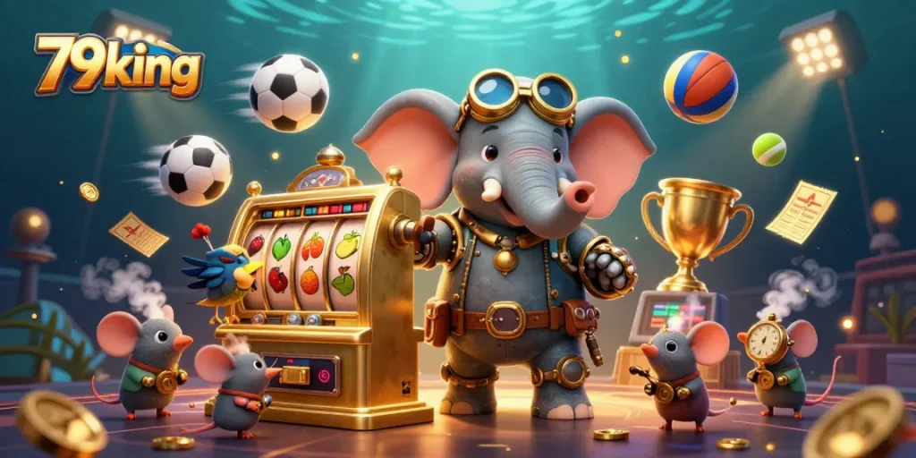 Engage with 79king's exciting slot games as a steampunk elephant operates a golden slot machine.