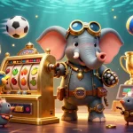 Engage with 79king's exciting slot games as a steampunk elephant operates a golden slot machine.