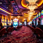 Slot gacor di mesin permainan kasino yang ramai dan penuh warna.