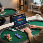 MAY88 online casino apps engage players in strategic gaming sessions, showcasing responsible gambling in a cozy home setting.