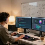 Dynamic workspace showcasing crush on ai development with coding, coffee, and tech inspiration.