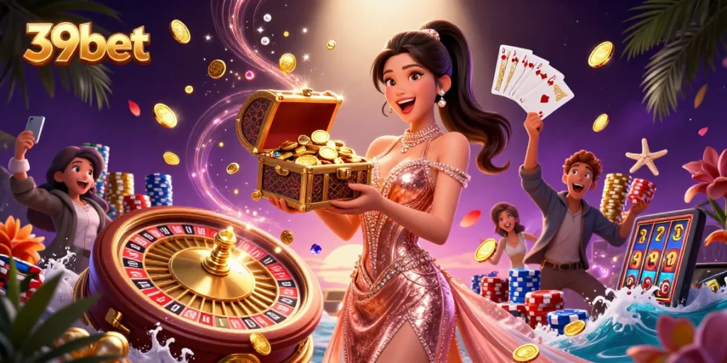 Experience the excitement of 39bet with a stunning treasure chest of wins amidst dazzling casino elements.