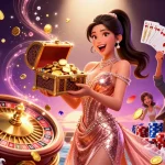 Experience the excitement of 39bet with a stunning treasure chest of wins amidst dazzling casino elements.