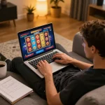 Player enjoying online gaming at home on MK8, laptop displaying spinning slot reels and betting notes.