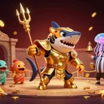 Experience the thrill of 8kbet's online casino with an exciting underwater scene featuring a shark in gladiator armor.